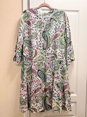 SHANA White Paisley Midi Dress with Green & Pink Motif